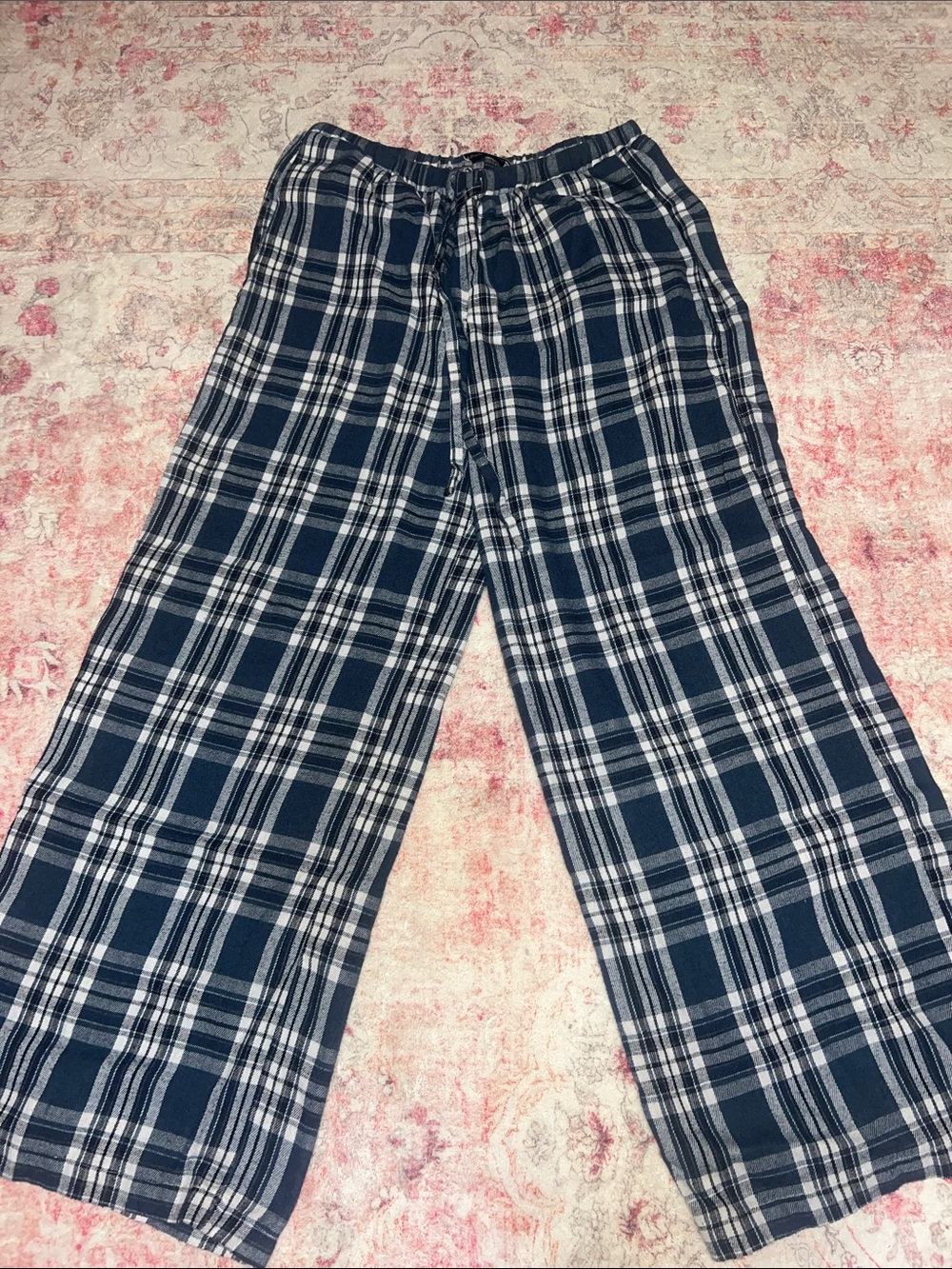 Princess Polly Navy and White Plaid Wide-Leg Pajama Pants